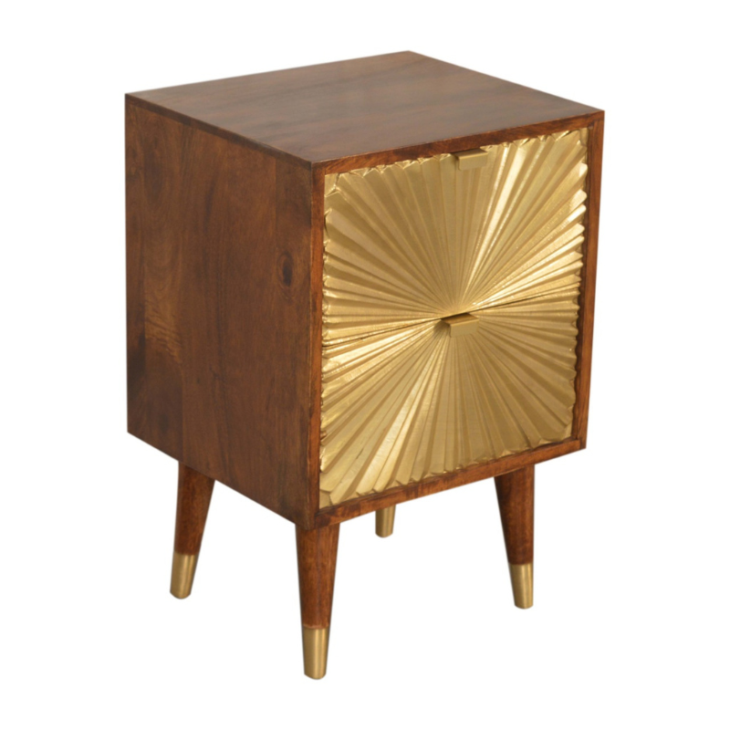 This Manila Gold Chestnut Bedside Table was designed to add a touch of elegance and charm to your bedroom. Featuring brass-plated drawers and Nordic-style brass cap feet, this piece has been constructed from 100% solid mango wood and offers a rich chestnut finish along with pull-out handles and surface space to uplift your whole bedroom look.