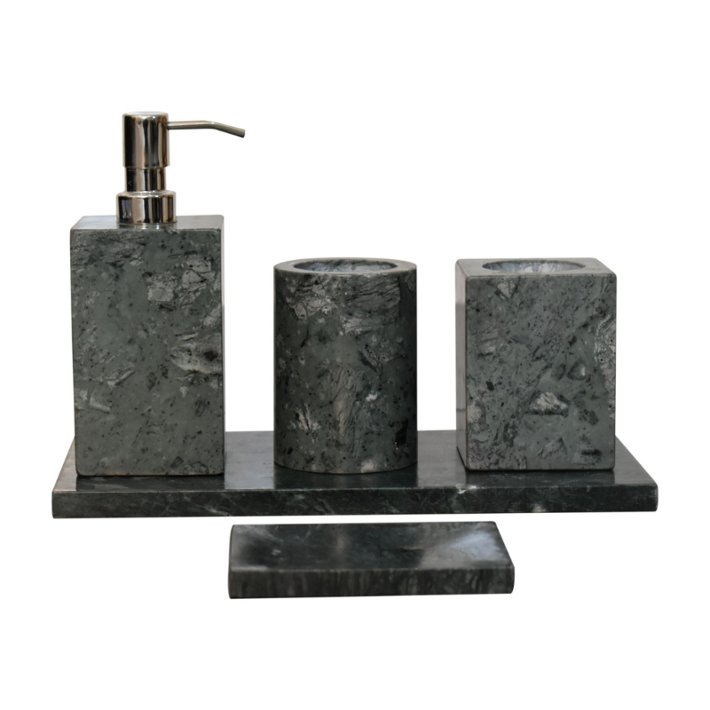 This 5-piece bathroom set is made of round polished black marble. Consists of a square soap dish, toothbrush cup, a soap dispenser with metallic dispenser head and cosmetic box with lid.  A beautiful set of accessories for your bath as well as making a unique gift choice. Expect differences in texture, colour, grains etc., as this product is extracted from a natural source. This is a natural configuration and should not be considered as a defect.