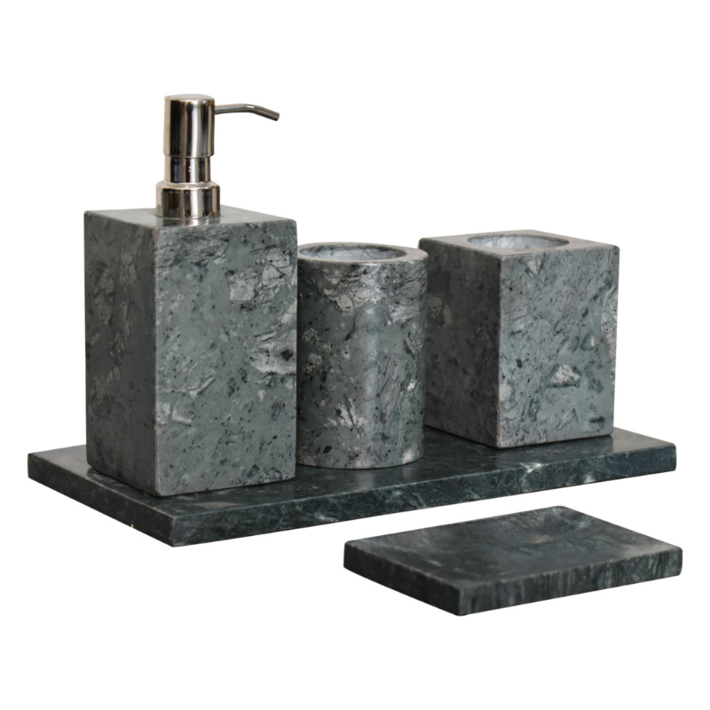 This 5-piece bathroom set is made of round polished black marble. Consists of a square soap dish, toothbrush cup, a soap dispenser with metallic dispenser head and cosmetic box with lid.  A beautiful set of accessories for your bath as well as making a unique gift choice. Expect differences in texture, colour, grains etc., as this product is extracted from a natural source. This is a natural configuration and should not be considered as a defect.