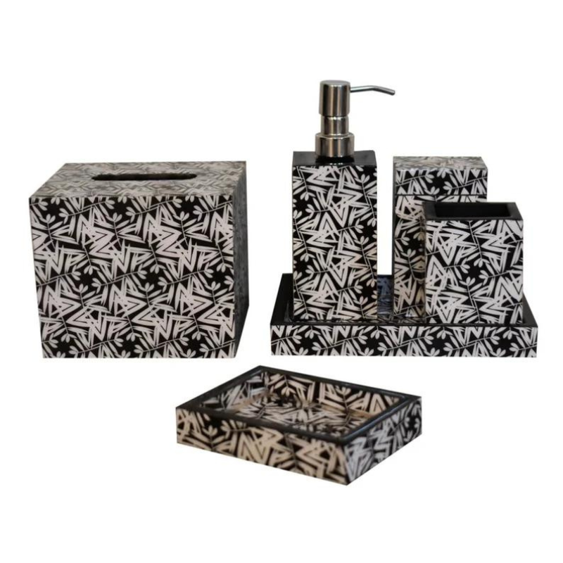 This lovely coordinated bathroom set brings a stylish contemporary design to home decor , featuring an aztec printed design this set is bound to brighten up your bathroom.  The 6 piece set includes a soap dispesnser , cotton box, soap dish, toothbrush holder, tissue box and a tray. This product is handcrafted individually and as every piece is unique please do expect variations in finish, texture, size and should not be considered as a defect.