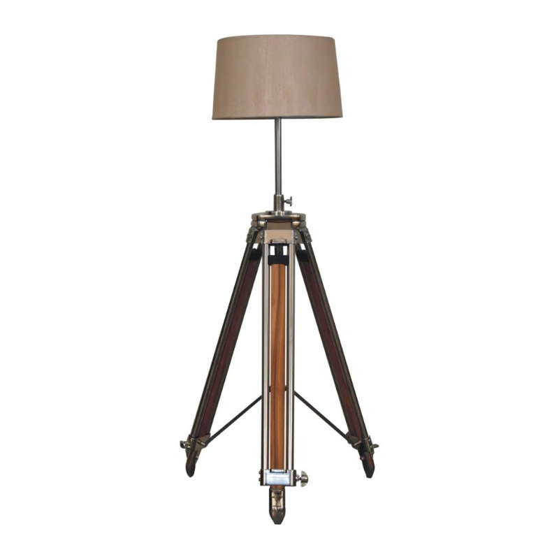 This contemporary lamp features a mixed wooden and chrome tripod design base as well as a neutral lampshade which will provide stability as well as a natural colourway and soft contrast.   It is bound to inject both a modern and rustic touch to your home décor. It also has an adjustable base so you can change the height depending on your preference.