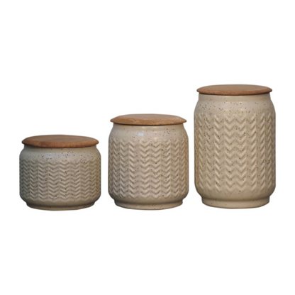 Keep your kitchen worktops neat and tidy with our tea, coffee, and sugar storage set. Each jar offers a sleek and simple design in a round shape and has a modern zig-zag pattern perfect for everyday use.  This product is handcrafted individually and as every piece is unique please do expect variations in finish, texture, size and should not be considered as a defect.