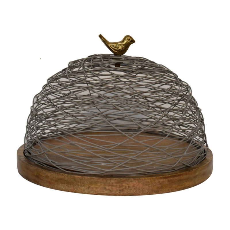 This cake stand is a beautiful decoration for your dining table or kitchen counter. It features a round wooden base and a blue netted top that has a brass bird handle allowing your entire space to feel fresh, on-trend, and refined.