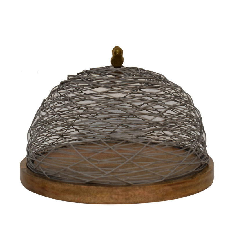 This cake stand is a beautiful decoration for your dining table or kitchen counter. It features a round wooden base and a blue netted top that has a brass bird handle allowing your entire space to feel fresh, on-trend, and refined.