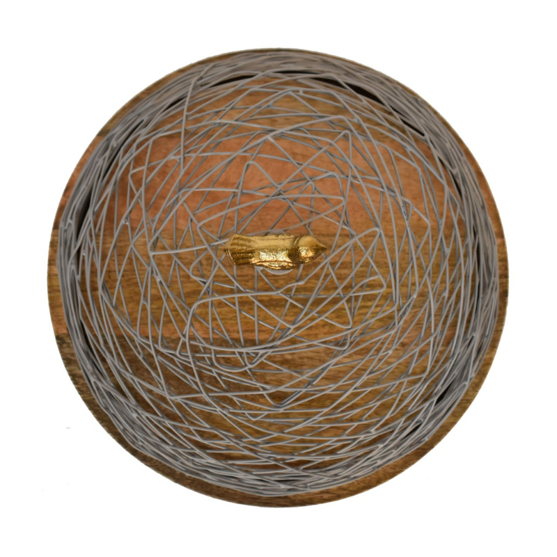 This cake stand is a beautiful decoration for your dining table or kitchen counter. It features a round wooden base and a blue netted top that has a brass bird handle allowing your entire space to feel fresh, on-trend, and refined.