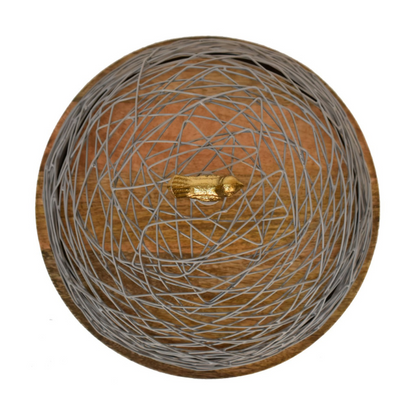 This cake stand is a beautiful decoration for your dining table or kitchen counter. It features a round wooden base and a blue netted top that has a brass bird handle allowing your entire space to feel fresh, on-trend, and refined.