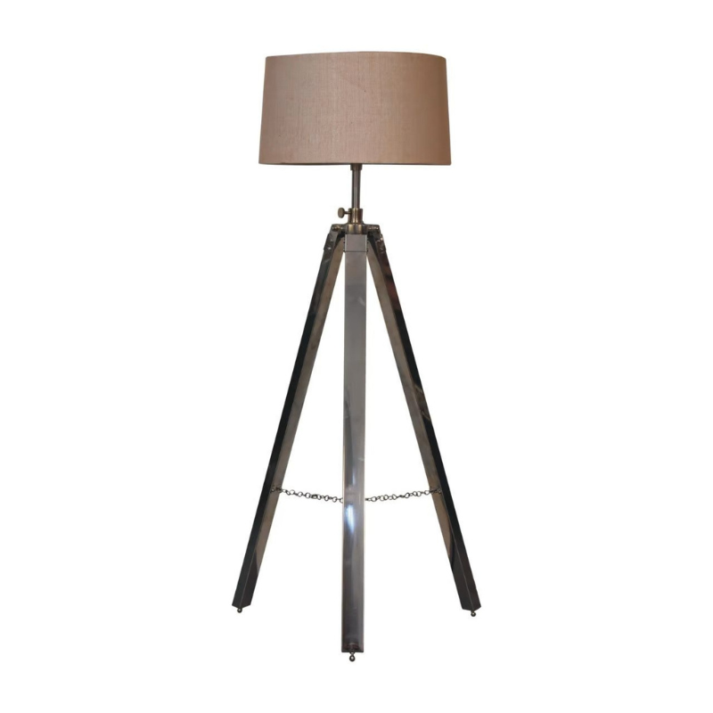 This contemporary floor lamp features a chrome tripod design base as well as a neutral lampshade which will provide stability as well as a natural colourway and soft contrast. It is bound to inject both a modern and rustic touch to your home décor. It also has an adjustable base so you can change the height depending on your preference.