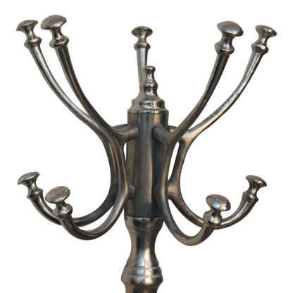 This classic silver coat stand adds a stylish welcome to any hallway or entrance. Made from steel and brass, it blends industrial design and has 6 hooks.  Perfect for coats and hats, but just as fabulous for robes and towels in your bedroom or bathroom.   