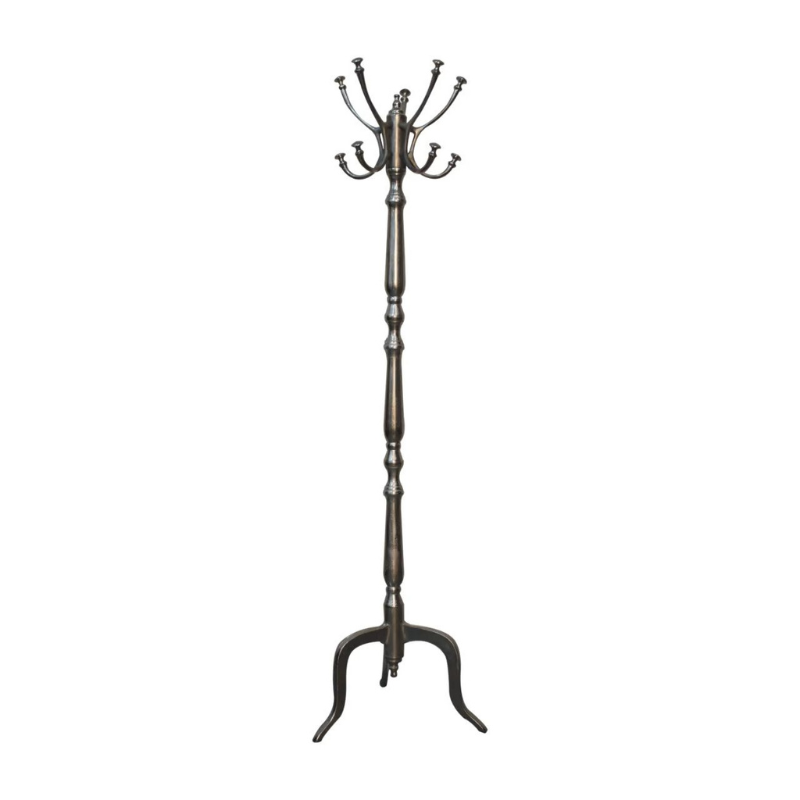 This classic silver coat stand adds a stylish welcome to any hallway or entrance. Made from steel and brass, it blends industrial design and has 6 hooks.  Perfect for coats and hats, but just as fabulous for robes and towels in your bedroom or bathroom.   