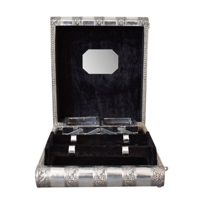 This jewellery box is smart, chic, fashionable, and perfectly designed for your convenience. This box has a fully-lined, in black cotton velvet interior, with little compartments to store all your favourite pieces, as well as 2 ring, or bangle rolls and a small mirror on the lid. The ideal piece for your chest, dressing table or as a gift for friends and family.