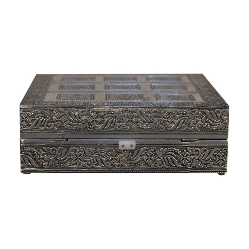 This jewellery box is smart, chic, fashionable, and perfectly designed for your convenience. This box has a fully-lined, in black cotton velvet interior, with little compartments to store all your favourite pieces, as well as 2 ring, or bangle rolls and a small mirror on the lid. The ideal piece for your chest, dressing table or as a gift for friends and family.