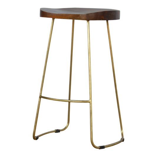 This stool is the perfect addition to any bar/cafe. It is very sturdy yet light enough to move around easily ideal for families that want to use their kitchen as a more social dining/breakfast area.  This piece of furniture has nice smooth chestnut finish constructed from 100% solid mango wood with a beautiful golden iron base and legs.