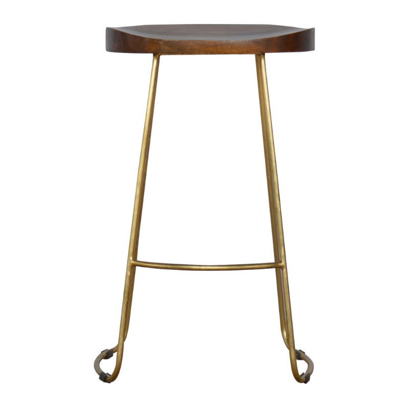 This stool is the perfect addition to any bar/cafe. It is very sturdy yet light enough to move around easily ideal for families that want to use their kitchen as a more social dining/breakfast area.  This piece of furniture has nice smooth chestnut finish constructed from 100% solid mango wood with a beautiful golden iron base and legs.