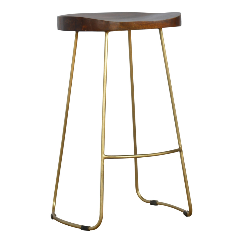 This stool is the perfect addition to any bar/cafe. It is very sturdy yet light enough to move around easily ideal for families that want to use their kitchen as a more social dining/breakfast area.  This piece of furniture has nice smooth chestnut finish constructed from 100% solid mango wood with a beautiful golden iron base and legs.