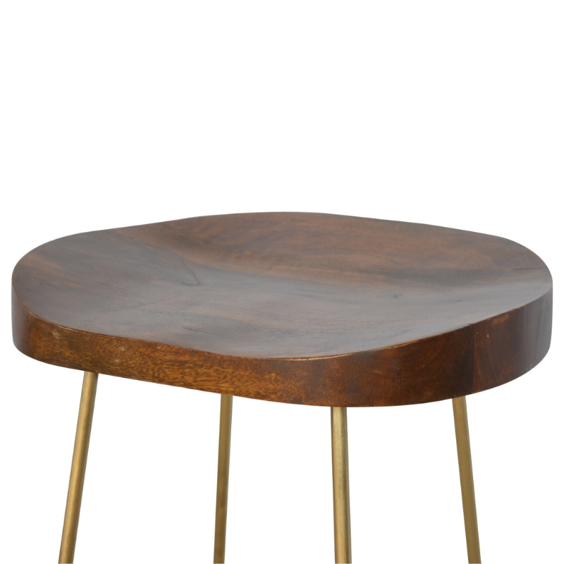 This stool is the perfect addition to any bar/cafe. It is very sturdy yet light enough to move around easily ideal for families that want to use their kitchen as a more social dining/breakfast area.  This piece of furniture has nice smooth chestnut finish constructed from 100% solid mango wood with a beautiful golden iron base and legs.