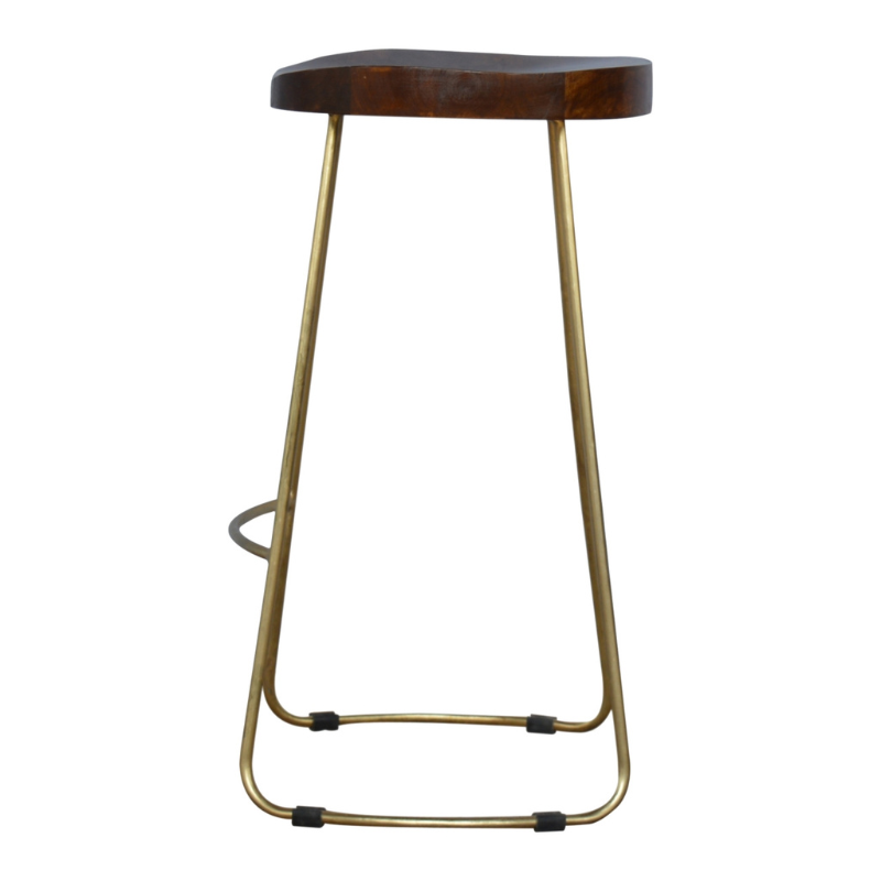 This stool is the perfect addition to any bar/cafe. It is very sturdy yet light enough to move around easily ideal for families that want to use their kitchen as a more social dining/breakfast area.  This piece of furniture has nice smooth chestnut finish constructed from 100% solid mango wood with a beautiful golden iron base and legs.