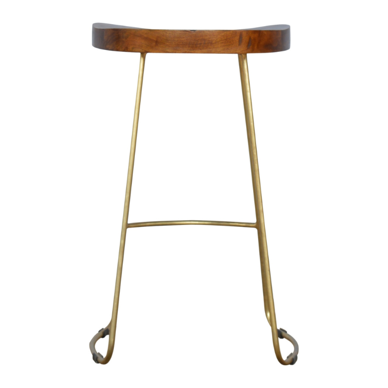 This stool is the perfect addition to any bar/cafe. It is very sturdy yet light enough to move around easily ideal for families that want to use their kitchen as a more social dining/breakfast area.  This piece of furniture has nice smooth chestnut finish constructed from 100% solid mango wood with a beautiful golden iron base and legs.