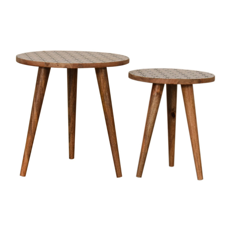 This set of 2 Nordic style round stools are made of 100% mango wood in an oak-ish finish and are perfect for seating for guests or for everyday use. The stools also work as side tables, providing excellent versatility with their compact size.  They are perfect for use in small spaces and can be tucked away under one another partially.