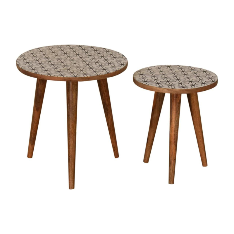 This set of 2 Nordic style round stools are made of 100% mango wood in an oak-ish finish and are perfect for seating for guests or for everyday use. The stools also work as side tables, providing excellent versatility with their compact size.  They are perfect for use in small spaces and can be tucked away under one another partially.