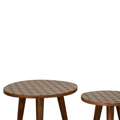 This set of 2 Nordic style round stools are made of 100% mango wood in an oak-ish finish and are perfect for seating for guests or for everyday use. The stools also work as side tables, providing excellent versatility with their compact size.  They are perfect for use in small spaces and can be tucked away under one another partially.