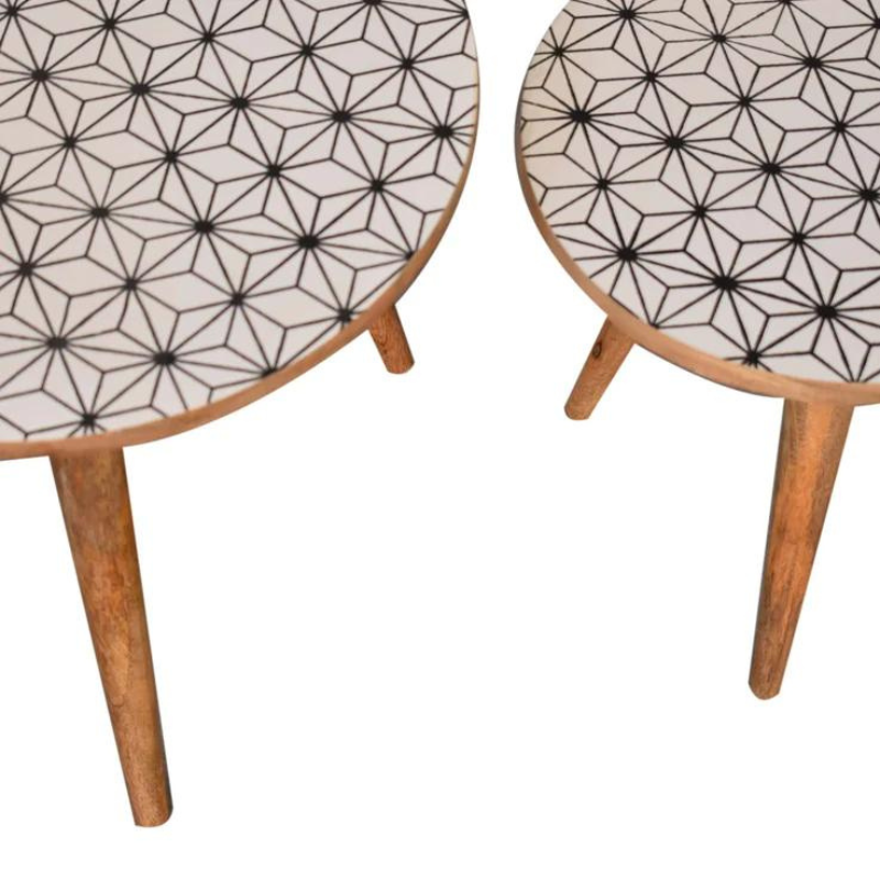 This set of 2 Nordic style round stools are made of 100% mango wood in an oak-ish finish and are perfect for seating for guests or for everyday use. The stools also work as side tables, providing excellent versatility with their compact size.  They are perfect for use in small spaces and can be tucked away under one another partially.