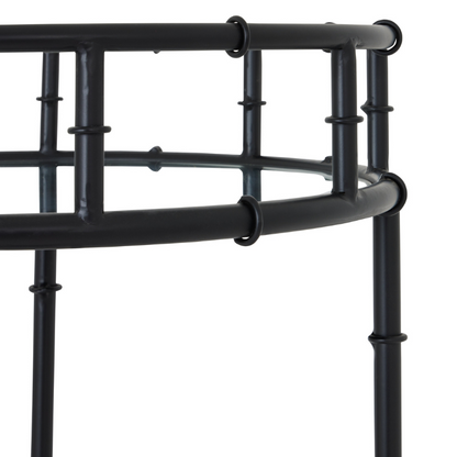 This is the Black Round Drinks Trolley.  Create your own mini bar with this stylish drinks trolley and keep your favourite tipple close to hand. This moveable and compact drinks trolley is perfect for home-entertaining. With two mirrored surfaces, this black metal trolley has space for both drink mixing and display. Elevate your home's entertaining capabilities with this moveable mini bar option.