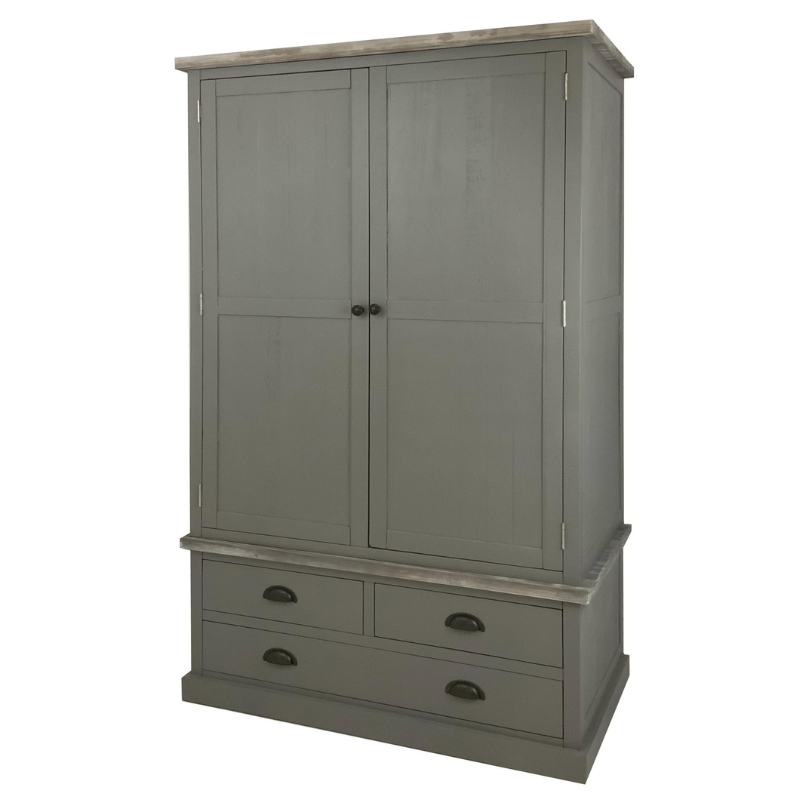 The Oxley Collection Wardrobe is a handsome item offering plentiful and varied storage space. Washed wood plank top blended with a body in a deep warm grey hue deliver a relaxed, informal feel to any space. Stylish as well as functional, this high quality item would be equally at home in traditional and contemporary styled homes. This great storage solution offers three drawers (one large, two small) topped by a full width hanging space behind two doors.