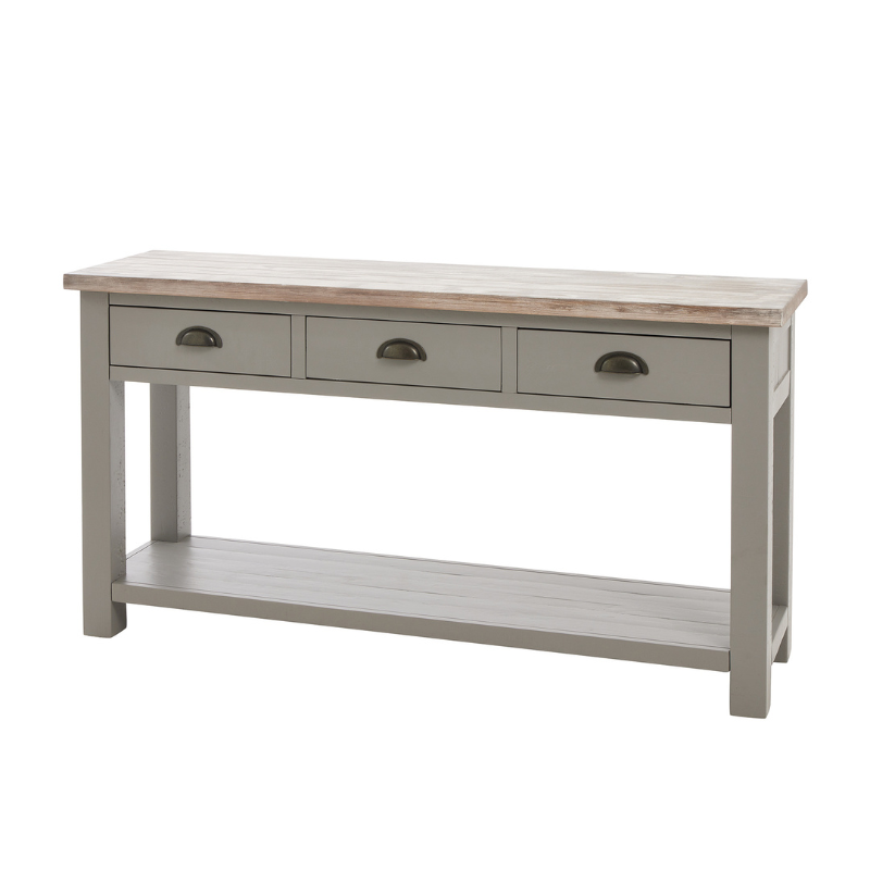 The Oxley Collection Three Drawer Console Table is perfect for display as well as storage. A washed wood plank surface blended with a frame in a warm grey hue deliver a relaxed, informal feel to any space. Stylish as well as functional, this high quality item would be equally at home in traditional and contemporary styled spaces.