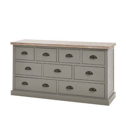 The Oxley Collection Nine Drawer Chest is perfect for display as well as storage. A washed wood plank surface blended with a frame in a warm grey hue deliver a relaxed, informal feel to any space. Stylish as well as functional, this high quality item would be equally at home in traditional and contemporary styled spaces. Style with a couple of lamps to really highlight its beauty.