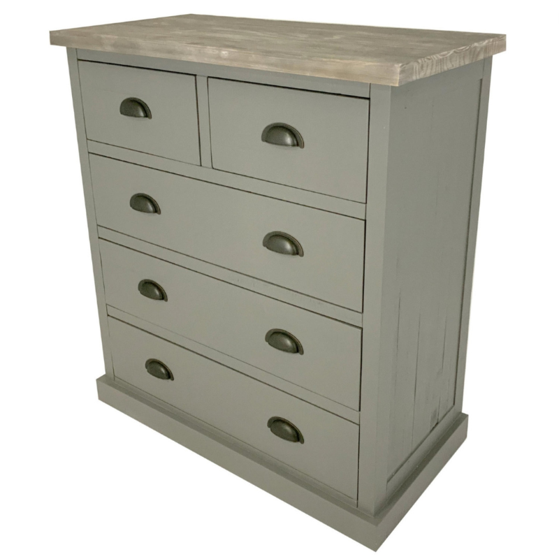 The Oxley Collection Two Over Three Chest Of Drawers is perfect for styling as well as storage. A washed wood plank surface blended with a body in a warm grey hue deliver a relaxed, informal feel to any space. Stylish as well as functional, this high quality item would be equally at home in traditional and contemporary styled homes. This great storage solution offers three large drawers topped by two smaller ones to keep households organised and tidy.