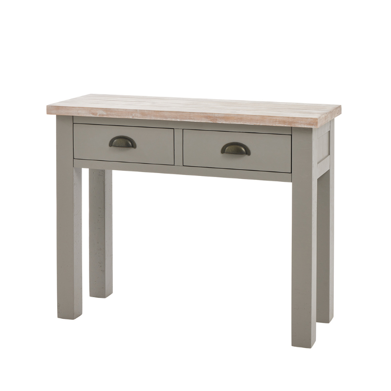 The Oxley Collection Two Drawer Console Table is perfect for display as well as storage. A washed wood plank surface blended with a body in a warm grey hue deliver a relaxed, informal feel to any space. Stylish as well as functional, this high quality item would be equally at home in traditional and contemporary styled spaces. Style with a large mirror or art piece above to really highlight its beauty. Perfect for a hallway but could also be put to use in the bedroom as a dressing table.