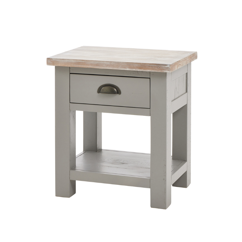 The Oxley Collection Side Table boasts a useful drawer and shelf. Perfect for keeping its washed wood surface clutter free and providing the space required for a table lamp and other items. Stylish as well as functional, this side table would be equally at home in a living room as beside a bed, as a nightstand.