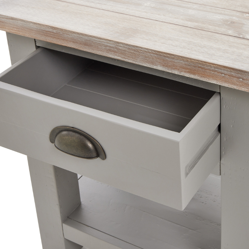 The Oxley Collection Side Table boasts a useful drawer and shelf. Perfect for keeping its washed wood surface clutter free and providing the space required for a table lamp and other items. Stylish as well as functional, this side table would be equally at home in a living room as beside a bed, as a nightstand.