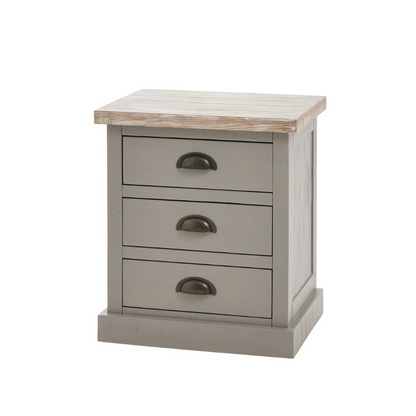 The Oxley Collection Bed Side boasts three useful drawers, perfect for keeping its washed wood surface clutter free and providing the space needed for a bed side lamp and other essentials. Stylish as well as functional, this bedside table will provide the perfect, useful finishing touch to the bedroom.