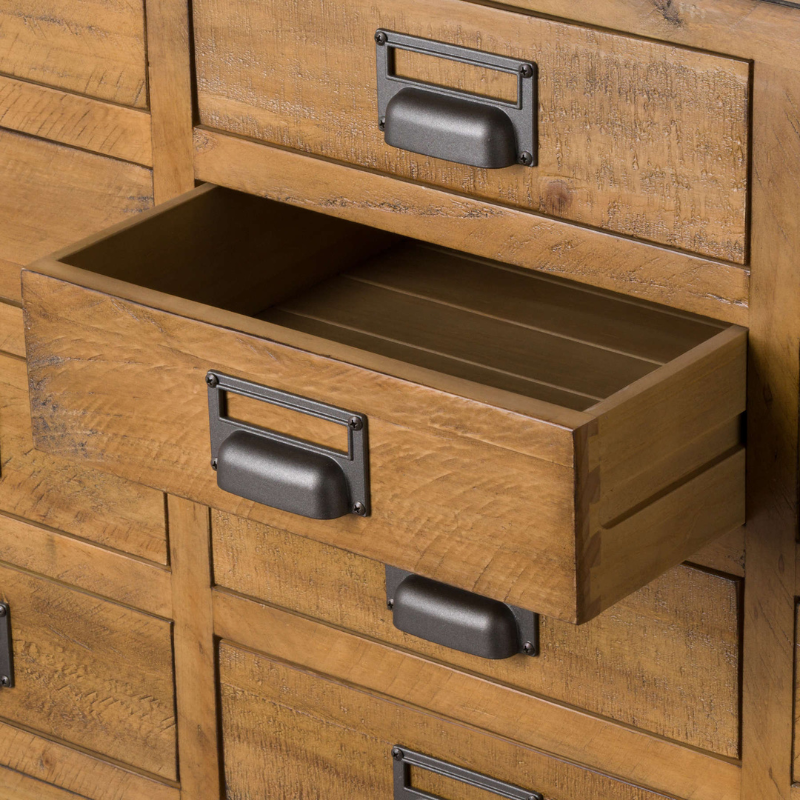 The combination of raw and organic textures of a solid pine body and cast iron accents has been used in the Draftsman Collection. This is the Draftsman Collection 20 Drawer Merchant Chest which is 90cm high, 160cm wide and 45cm deep with 20 drawers making it a great storage addition to any interior whilst being timelessly handsome too.