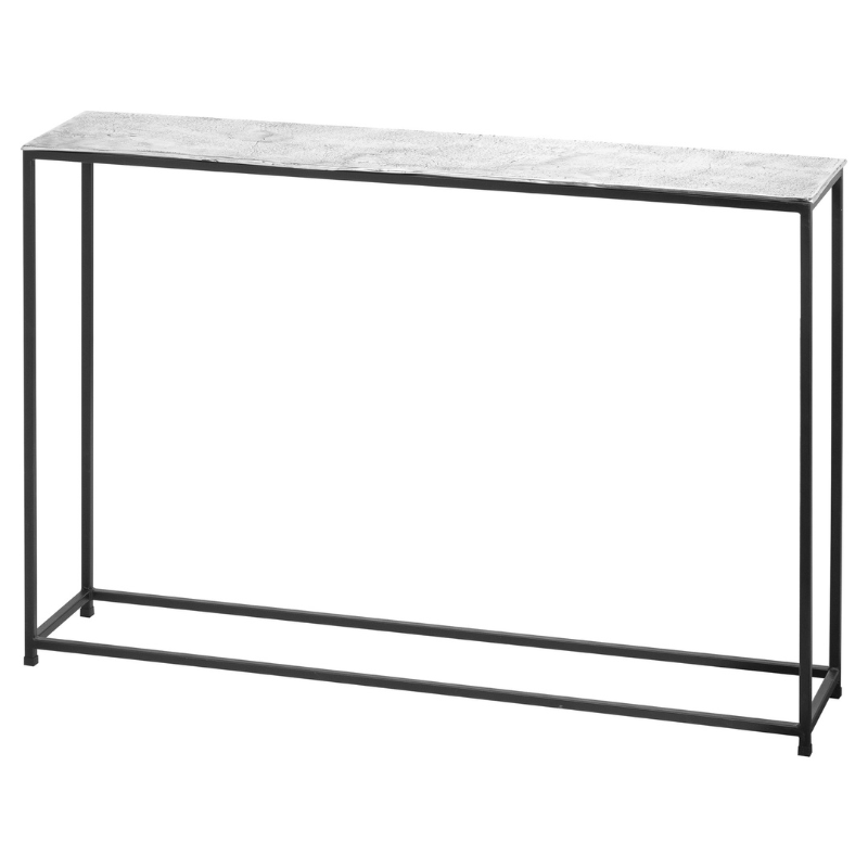 This is the Farrah Collection Silver Console Table. Hand cast in aluminium, the casting process lends this piece a pitted, textured surface which is both eye-catching and hardwearing. Designed with versatility of use in mind, the Farrah furniture collection comprises sturdy pieces which are also light enough to move around your home.