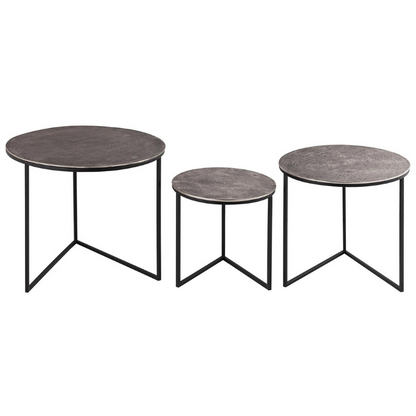 This is the Farrah Collection Set of Three Rounds Tables. Hand cast in aluminium, the casting process lends these pieces pitted, textured surfaces which are both eye-catching and hardwearing. Designed with versatility of use in mind, this collection comprises sturdy pieces which are also light enough to move around your home.