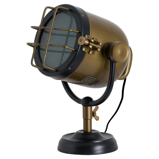 This is the Black and Brass Industrial Spotlight Table Lamp, with a bold industrial look this table lamp is sure to be a show stopper in any interior and will add an individual look to a lighting collection.  Influence has been taken from an old fashioned spotlight and has been completed with a sturdy base plus a black and brass finish to fit in with the industrial feel. Sure to make a handsome statement, this table lamp is a must have.  E27 Screw Bulb