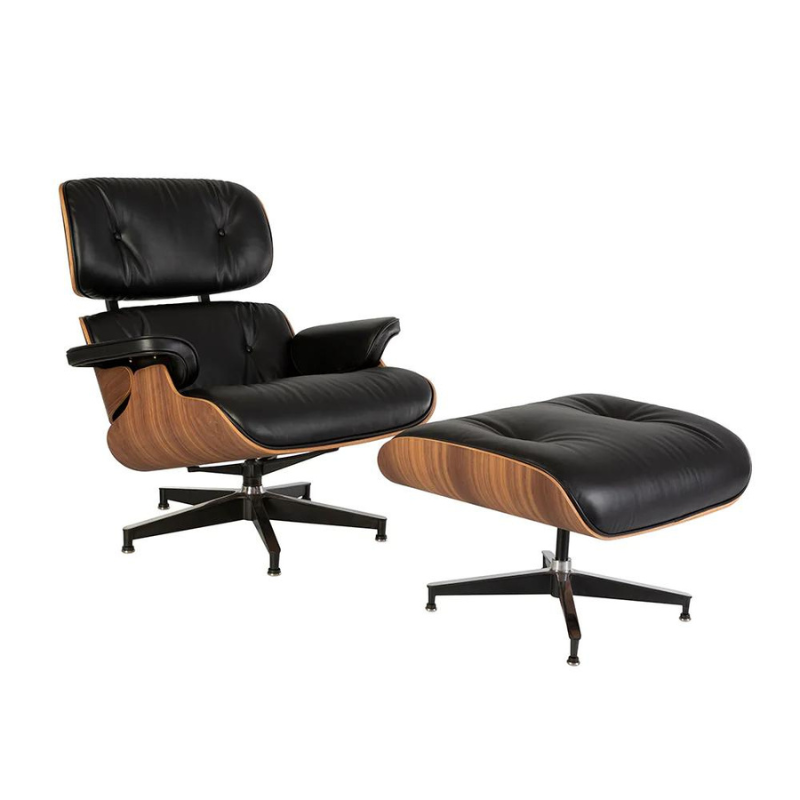 Eames Lounge Chair & Free Ottoman, 100% Real Black Leather, Walnut - HOMEBELLA