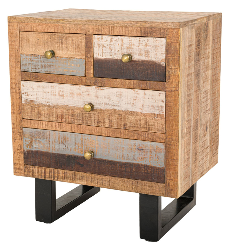 A stylish piece built from a combination of hardwearing reclaimed woods, including mango, pine and acacia. This item's reclaimed wood finish and metal feet give it an industrial flavour which. A wonderful standalone item, which can be used to bring together an eclectic mix of furniture styles with its multi-tonal wood finish.