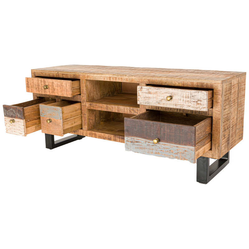 A stylish piece built from a combination of hardwearing reclaimed woods, including mango, pine and acacia. This item's reclaimed wood finish and metal feet give it an industrial flavour which. A wonderful standalone item, which can be used to bring together an eclectic mix of furniture styles with its multi-tonal wood finish.