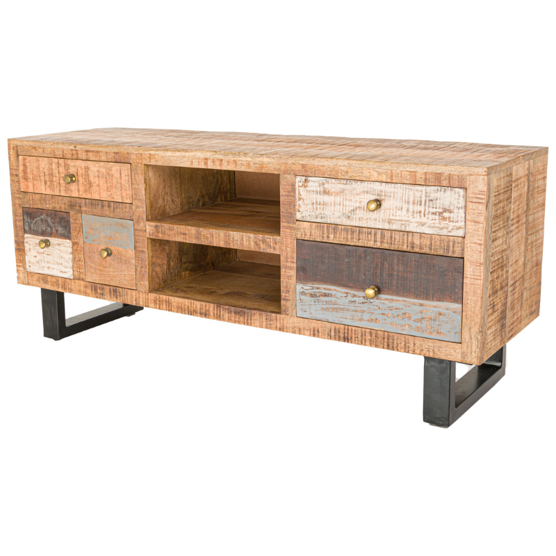 A stylish piece built from a combination of hardwearing reclaimed woods, including mango, pine and acacia. This item's reclaimed wood finish and metal feet give it an industrial flavour which. A wonderful standalone item, which can be used to bring together an eclectic mix of furniture styles with its multi-tonal wood finish.