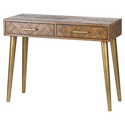 This is the Havana Gold Console Table. Part of a collection designed to deliver a sophisticated feel to interiors via their handcrafted parquet drawer fronts plus legs and handles, finished in a perfectly complementing antique gold. As well as its good looks this item also boasts useful storage and provides customers with a great surface on which they can display treasured items. Don't miss our other items in this range, including a media unit , console table and a compact sideboard.