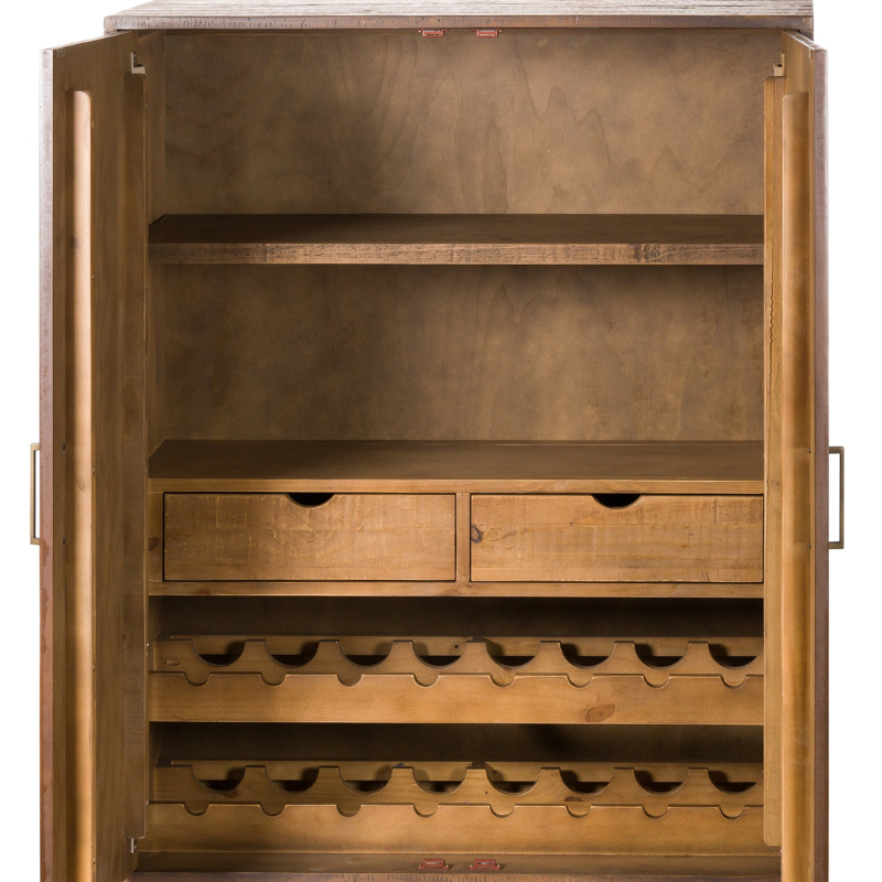 This is the Havana Gold Drinks Cabinet. Part of a collection designed to deliver a sophisticated feel to interiors via their handcrafted parquet drawer fronts plus legs and handles, finished in a perfectly complementing antique gold. This drinks cabinet includes a number of practical features including glass hanging spaces, wine racking, drawers for bar tools and a shelf for drinks preparation. A perfect addition aimed at the growing trend for home entertaining.