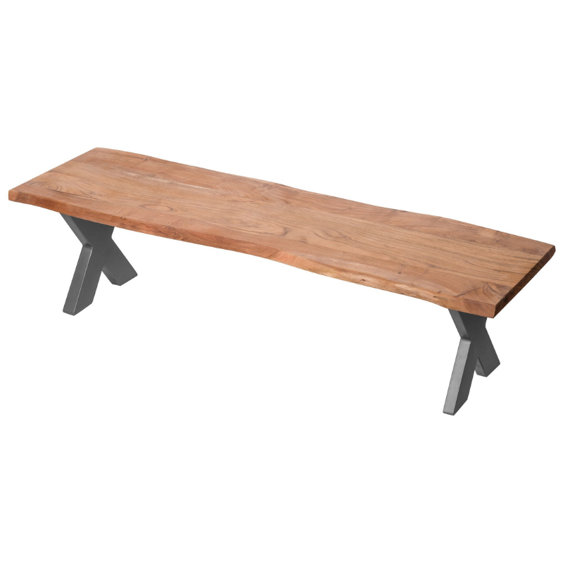 The Live Edge Collection Bench is made from Indian acacia wood creating charm and character, this range helps you to bring a feel of the outdoors in by creating a minimal and earthy look. The simplicity of these designs are what makes them so impressive, each piece is complete with a grey metal cross leg design or frame which complements the rustic and natural design of the wood.