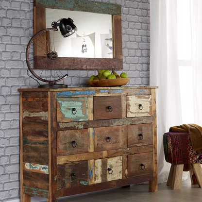 This exquisite piece of furniture features 9 deep drawers and sturdy construction. The uniqueness of reclaimed wood will make this unit a focal point of the house.