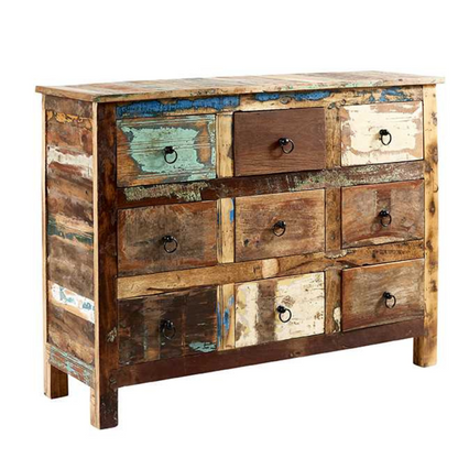 This exquisite piece of furniture features 9 deep drawers and sturdy construction. The uniqueness of reclaimed wood will make this unit a focal point of the house.