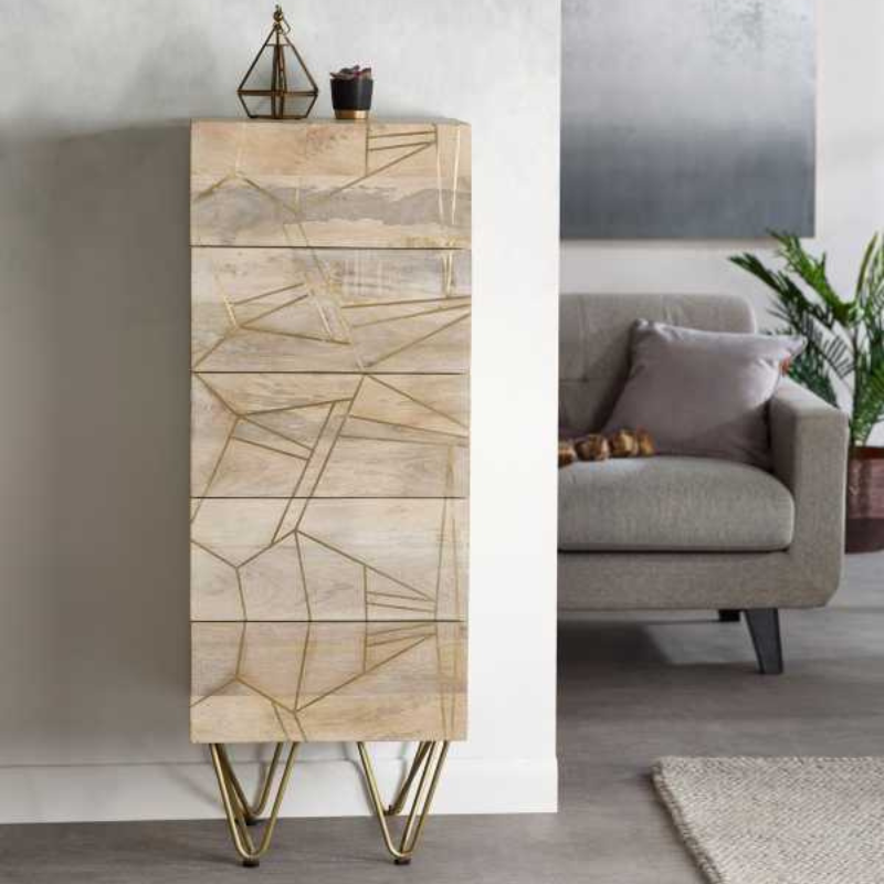 Tall Chest with five drawers, a stylish and practical piece of furniture suitable for your bedroom, living room or dining room. This range is offered in a light natural finish, featuring gold metal inlays on the front.  Drawer dimensions (HxWxD): 12x37x28 cm