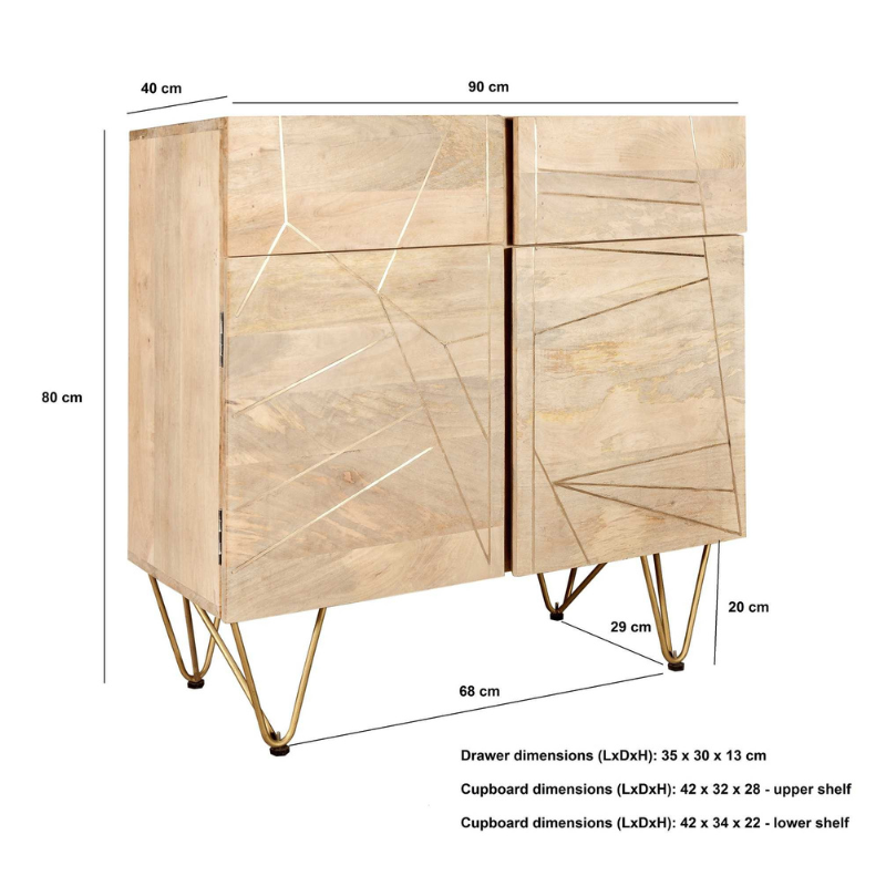 Medium sized sideboard with 2 drawers and 2 doors, with one interior shelf behind each door. The perfect addition to your dining room, providing plenty of storage space. This range is offered in a light natural finish, featuring gold metal inlays on the front of the unit.  Drawer dimensions (HxWxD): 13x35x30 cm Cupboard dimensions (HxWxD): 28x42x32 cm upper shelf 22x42x34 cm lower shelf