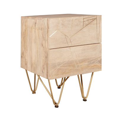 This beautiful side table offers 2 spacious drawers and is complemented with gold metal legs, featuring metal inlays on the fronts of the drawers.  This range is offered in a light natural finish Drawer dimensions (HxWxD): 12.5x37x30 cm